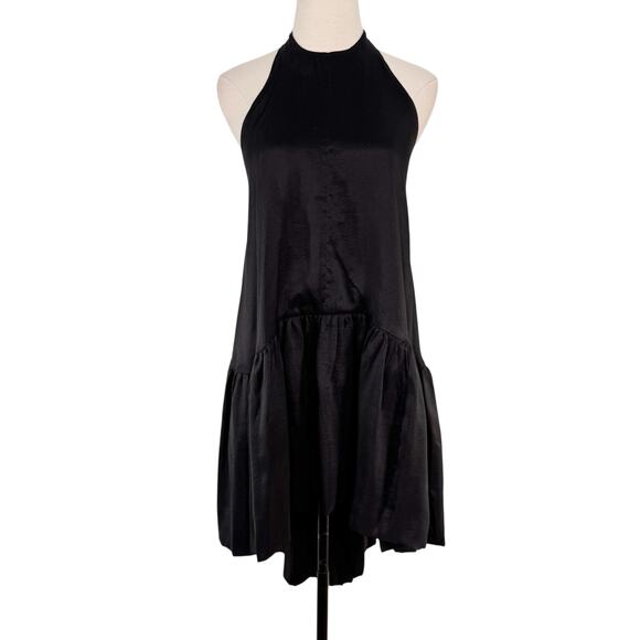AZEEZA Winston Raw Silk Mini Dress Black High Low Halter Cocktail Party Size S - Picture 4 of 13